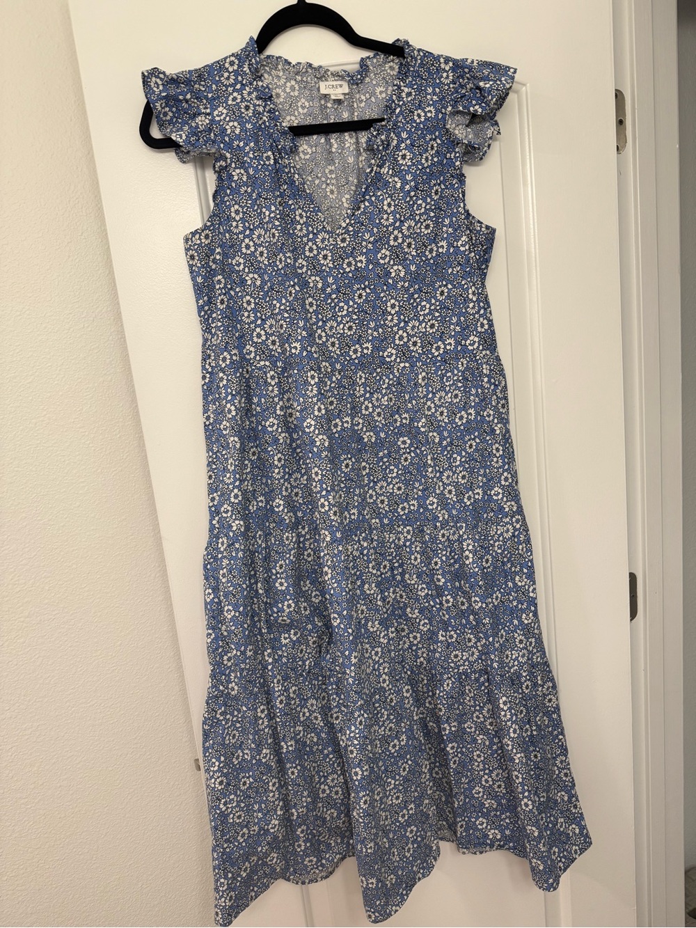 J. Crew Blue Floral V-Neck Ruffle-Sleeve Midi Dress